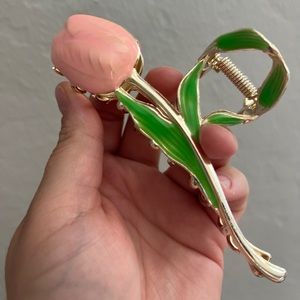 Pink Tulip Flower Gold Hair Clip